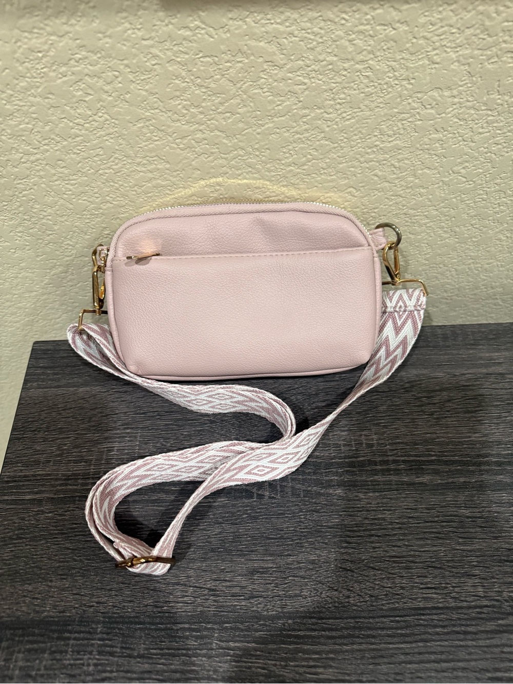 Blush Pink Crossbody Bag with Patterned Strap